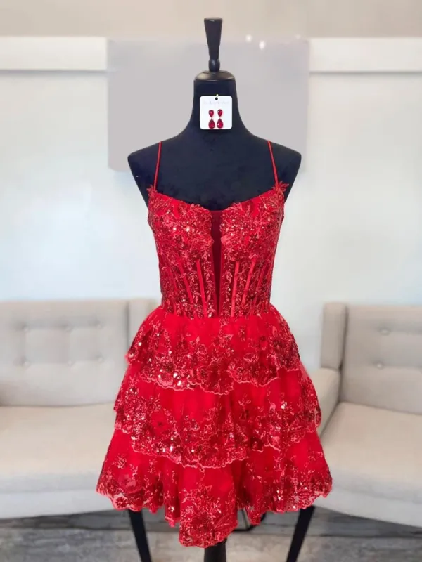 Red - Spaghetti Straps A-Line Tulle Ruffle Tiered Homecoming Dresses With Appliques made by KissProm