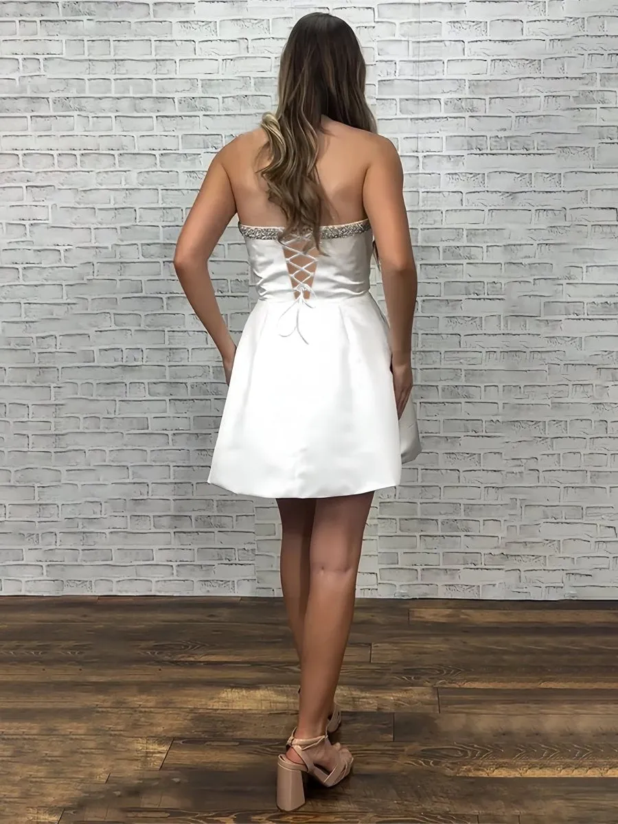 White - Strapless A-Line Beaded Satin Homecoming Dress With Bow sold by KissProm product image thumbnail 2