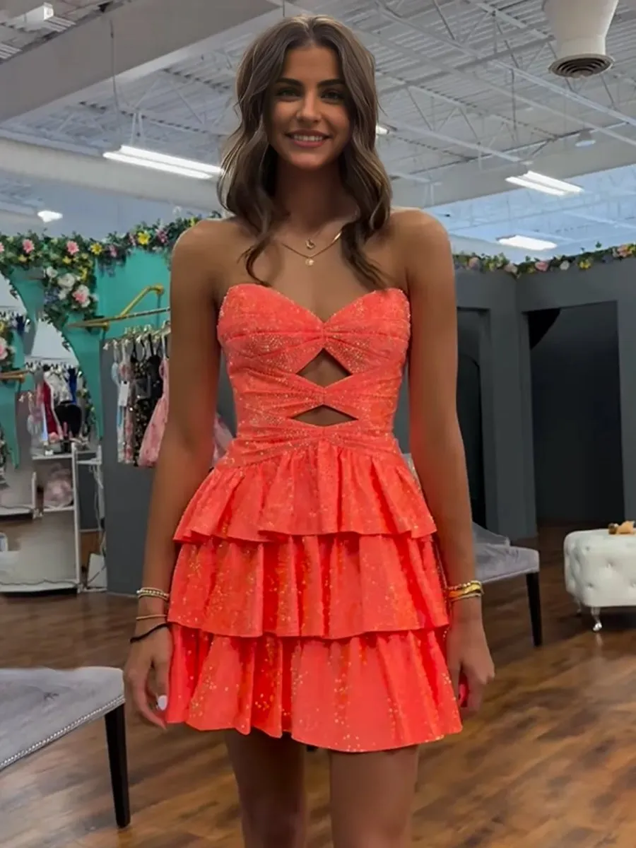 Orange - A Line Sweetheart Satin Cut Out Ruffled Homecoming & Cocktail Dresses with Beads sold by KissProm product image thumbnail 3