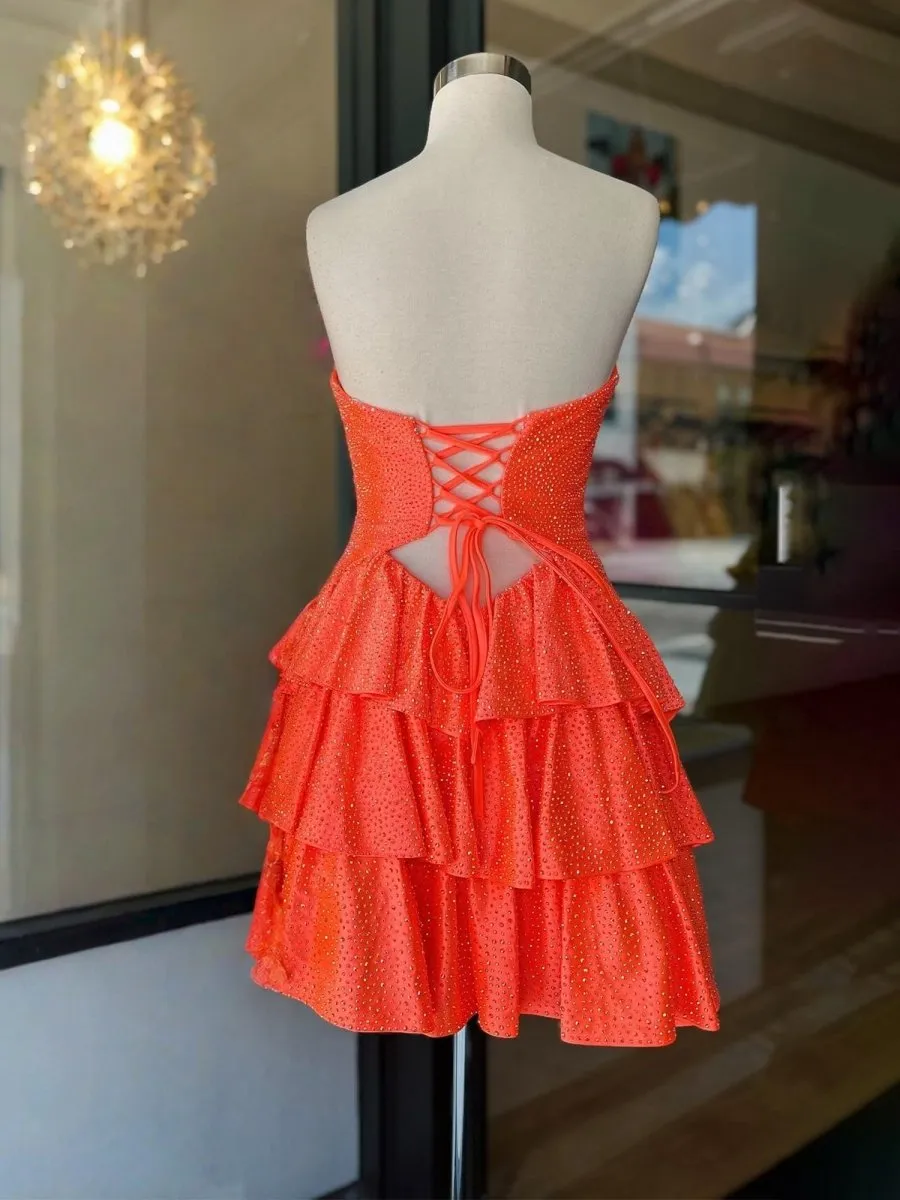 Orange - A Line Sweetheart Satin Cut Out Ruffled Homecoming & Cocktail Dresses with Beads sold by KissProm product image thumbnail 5