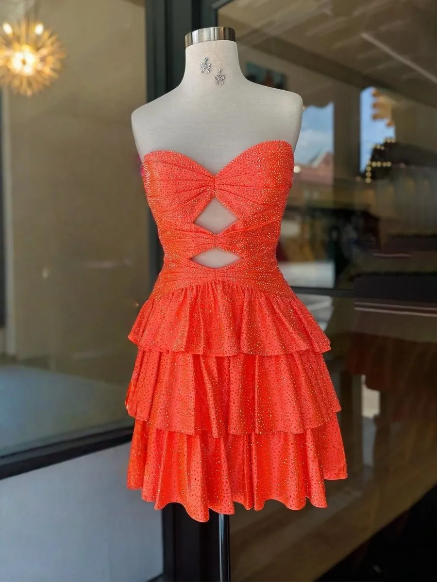 Orange - A Line Sweetheart Satin Cut Out Ruffled Homecoming & Cocktail Dresses with Beads sold by KissProm product image thumbnail 4