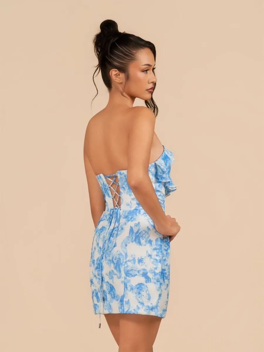 Blue - Sheath Strapless Floral Ruffles Short Homecoming Dresses sold by KissProm product image thumbnail 2