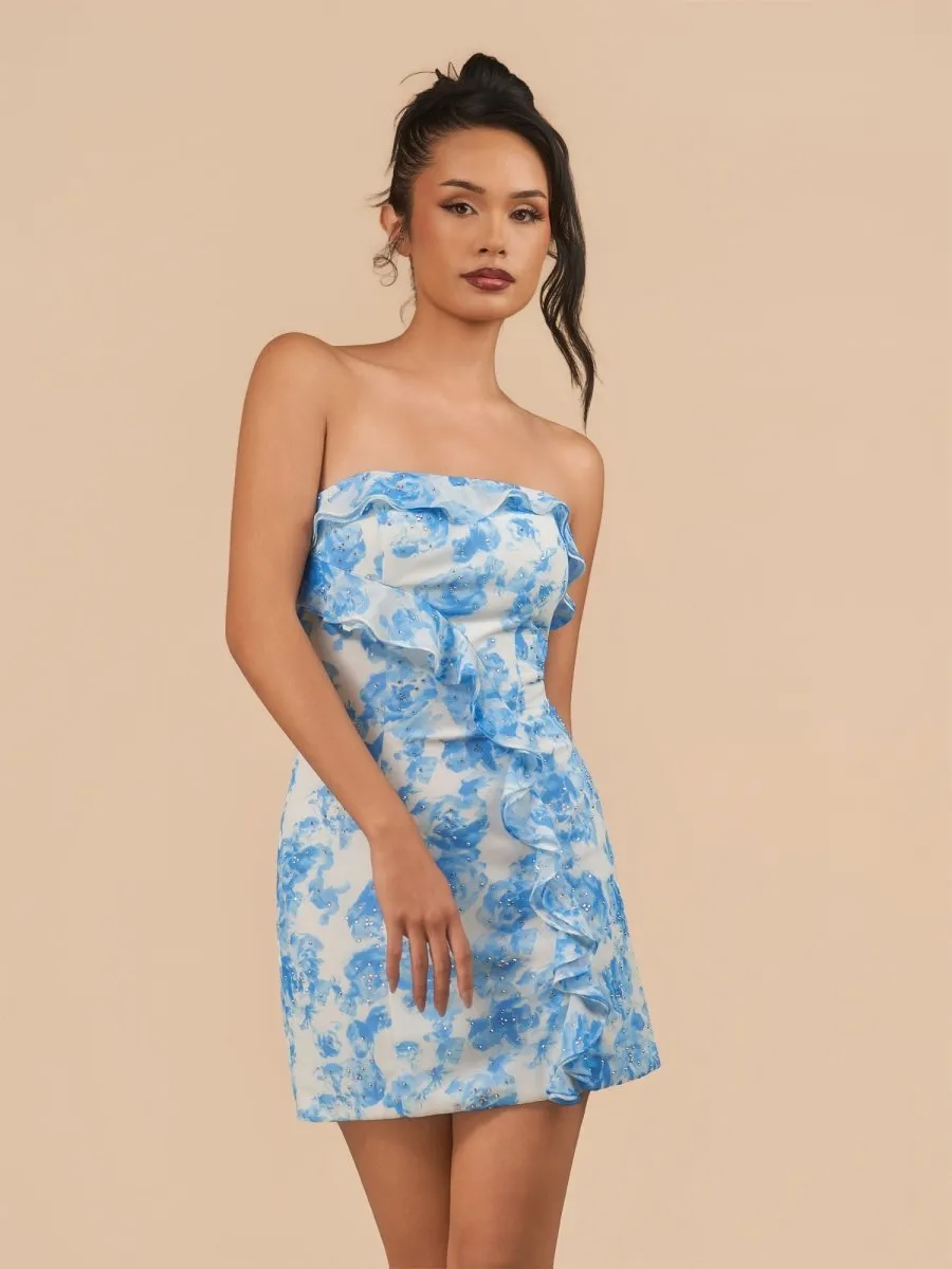 Blue - Sheath Strapless Floral Ruffles Short Homecoming Dresses sold by KissProm product image thumbnail 4