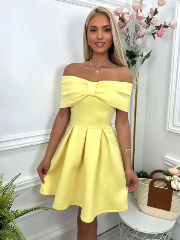 Yellow - Off The Shoulder A Line Satin Short Homecoming Dress With Bow made by KissProm