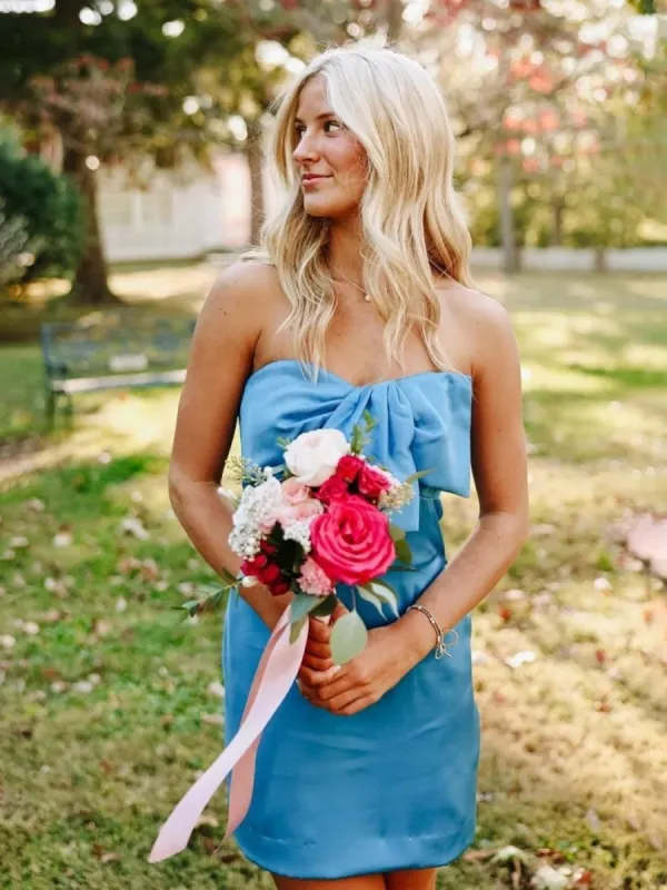 Blue - Sheath Strapless Short Homecoming Dresses With Bow made by KissProm