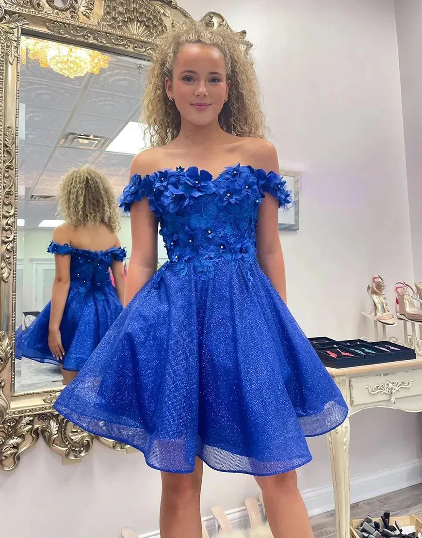 Sparkly Royal Blue A-Line Off the Shoulder Beaded Flowers Homecoming Dress sold by KissProm product image thumbnail 3