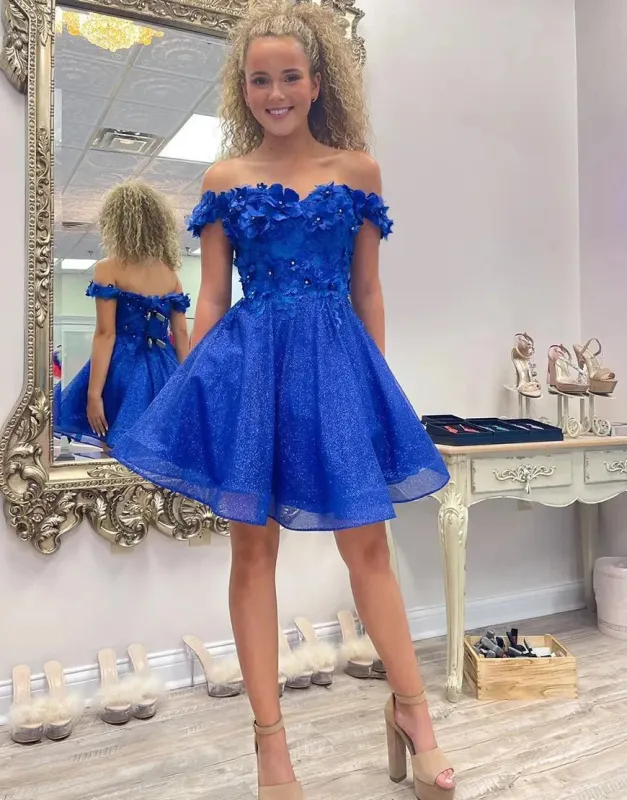 Sparkly Royal Blue A-Line Off the Shoulder Beaded Flowers Homecoming Dress made by KissProm