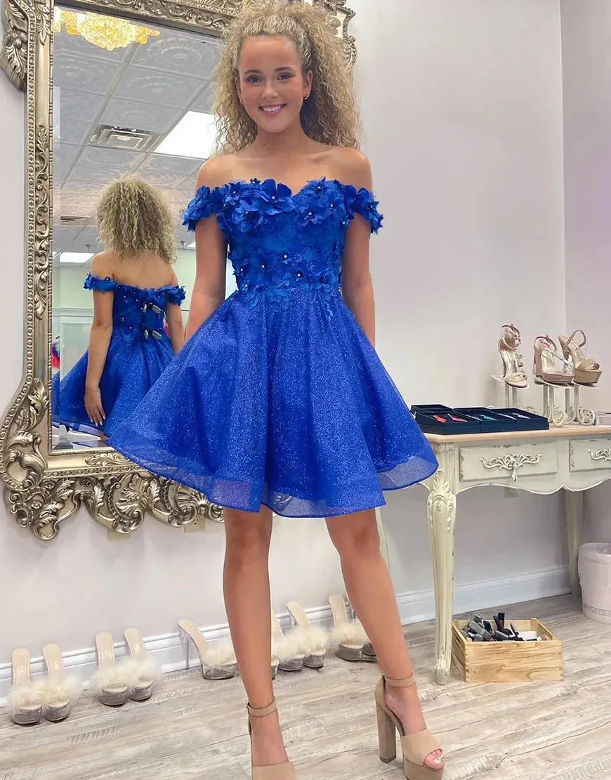 Sparkly Royal Blue A-Line Off the Shoulder Beaded Flowers Homecoming Dress sold by KissProm