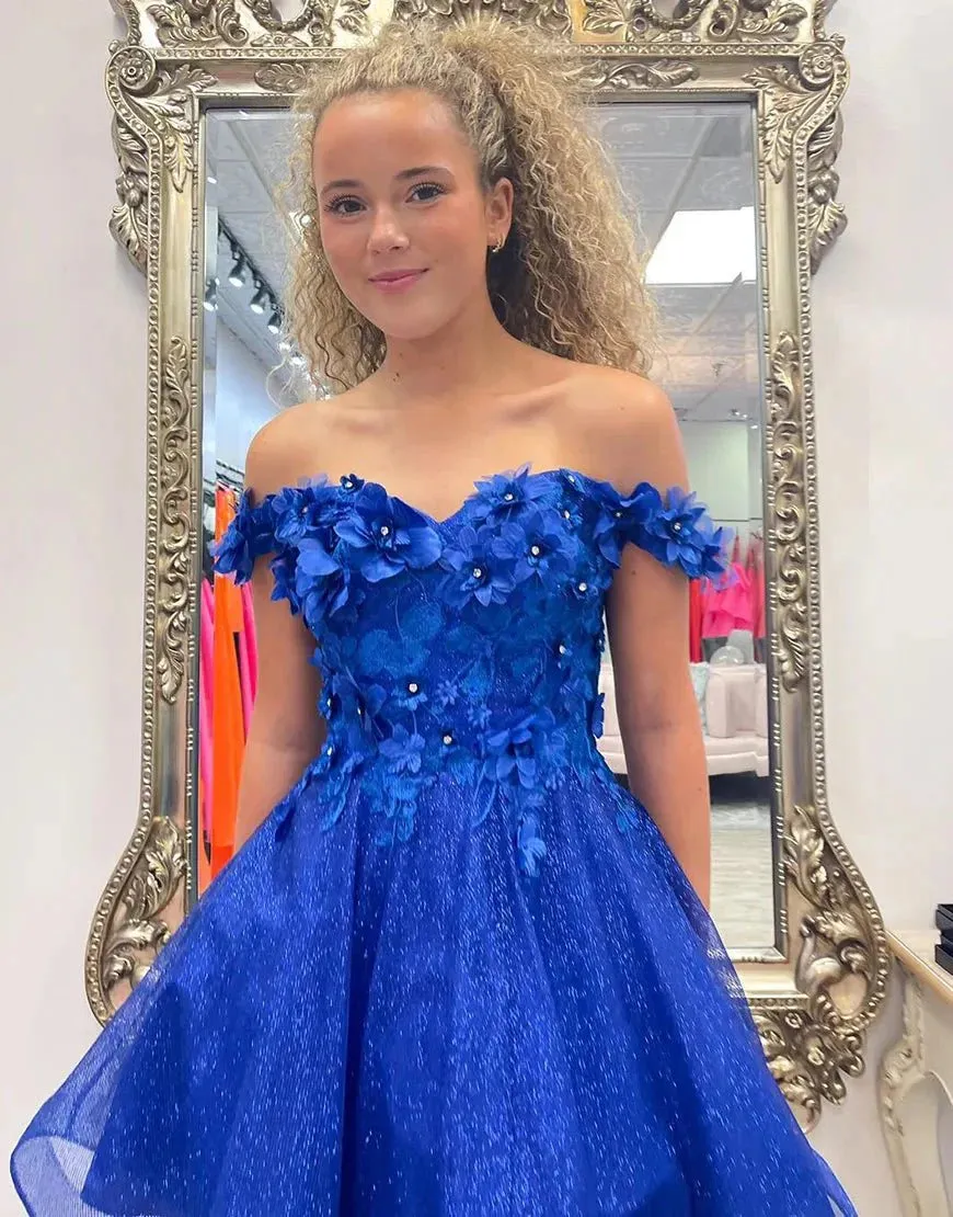 Sparkly Royal Blue A-Line Off the Shoulder Beaded Flowers Homecoming Dress sold by KissProm product image thumbnail 2