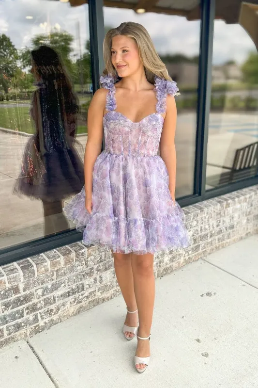 Cute A-Line Sweetheart Lavender Floral Printed Short Homecoming Dresses made by KissProm