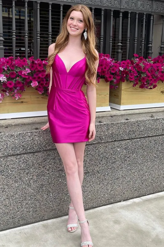 Bodycon Fuchsia V-Neck Corset Satin Homecoming Dress made by KissProm