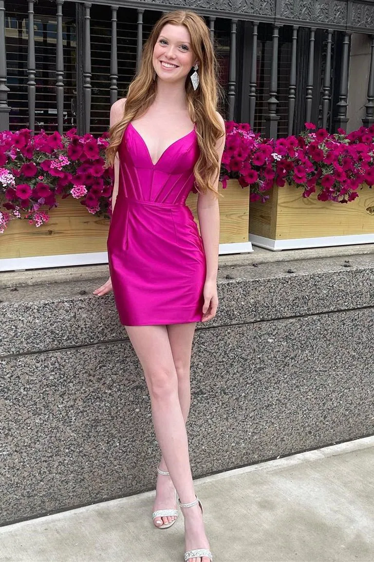 Bodycon Fuchsia V-Neck Corset Satin Homecoming Dress sold by KissProm