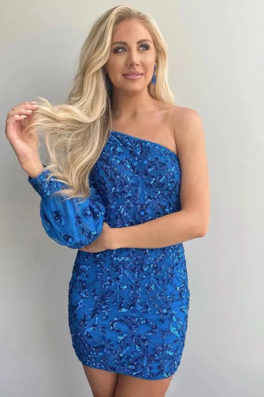 Bodycon One Shoulder Blue Long Sleeve Sequins Short Homecoming Dresses made by KissProm