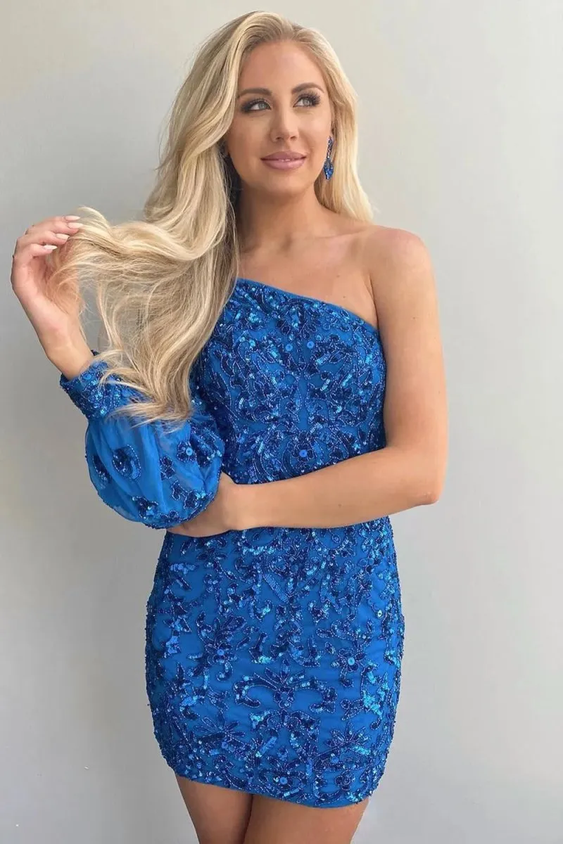 Bodycon One Shoulder Blue Long Sleeve Sequins Short Homecoming Dresses sold by KissProm