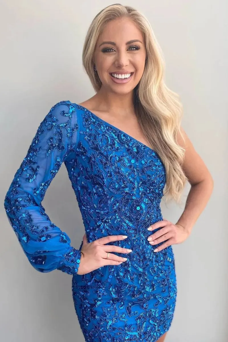 Bodycon One Shoulder Blue Long Sleeve Sequins Short Homecoming Dresses sold by KissProm product image thumbnail 2
