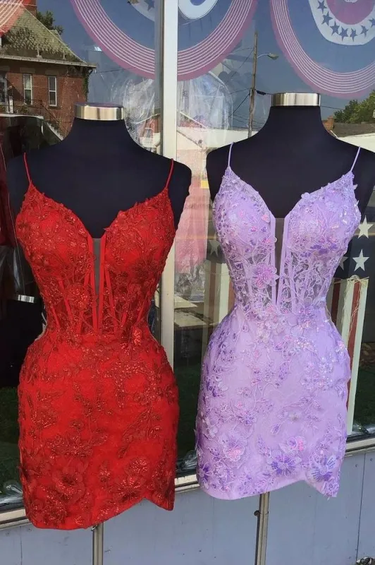 Red Spaghetti Straps Applique Tight Homecoming Dress made by KissProm