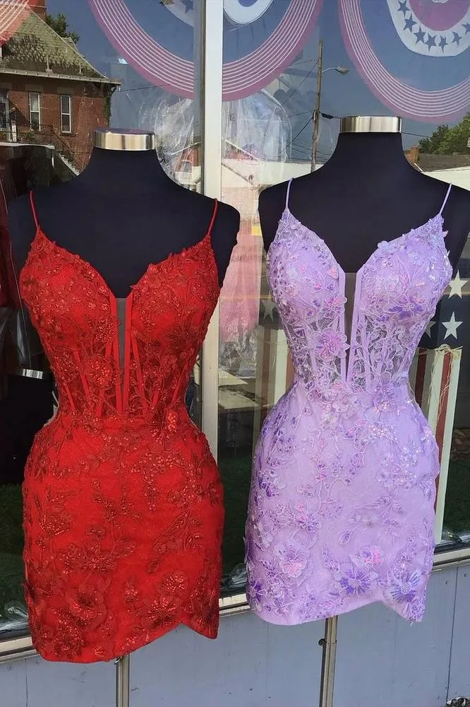 Red Spaghetti Straps Applique Tight Homecoming Dress sold by KissProm