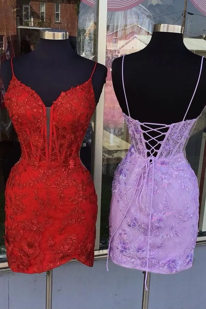 Red Spaghetti Straps Applique Tight Homecoming Dress sold by KissProm product image thumbnail 2