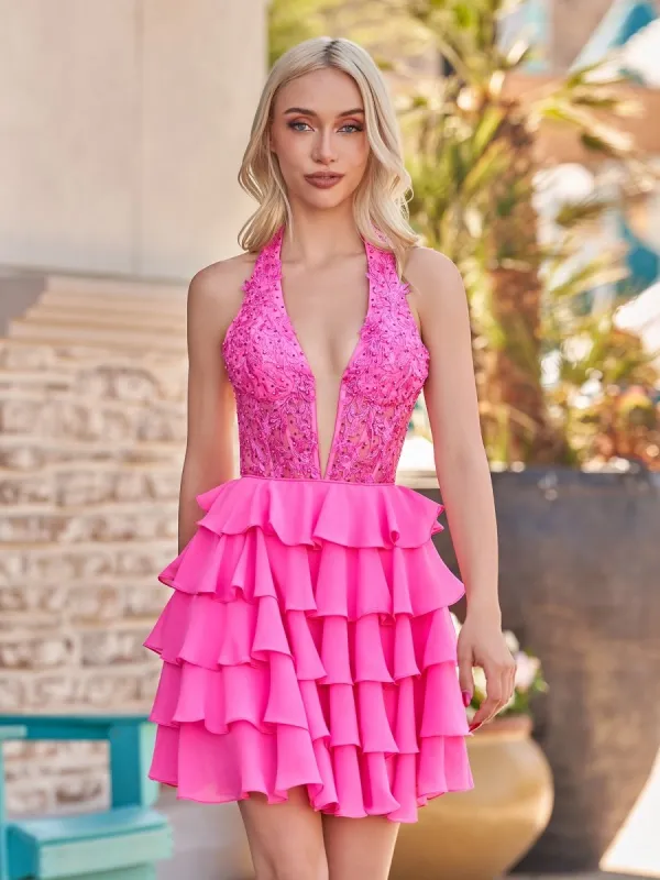 Hot Pink - Halter Lace and Chiffon Ruffle Homecoming Dress made by KissProm