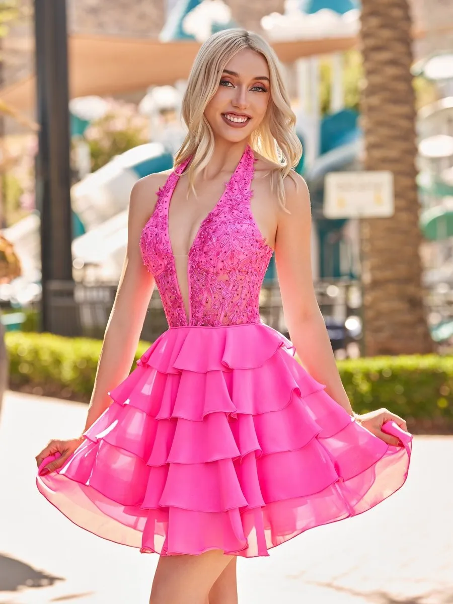 Hot Pink - Halter Lace and Chiffon Ruffle Homecoming Dress sold by KissProm product image thumbnail 4
