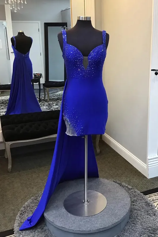Royal Blue Spaghetti Straps Beaded Bodycon Homecoming Dress with Open Back made by KissProm