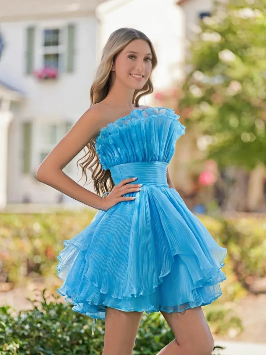 Blue A-Line Strapless Pleated Short Tiered Homecoming Dress sold by KissProm product image thumbnail 4