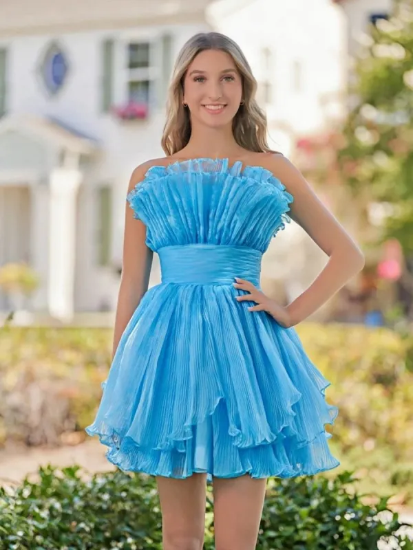 Blue A-Line Strapless Pleated Short Tiered Homecoming Dress made by KissProm