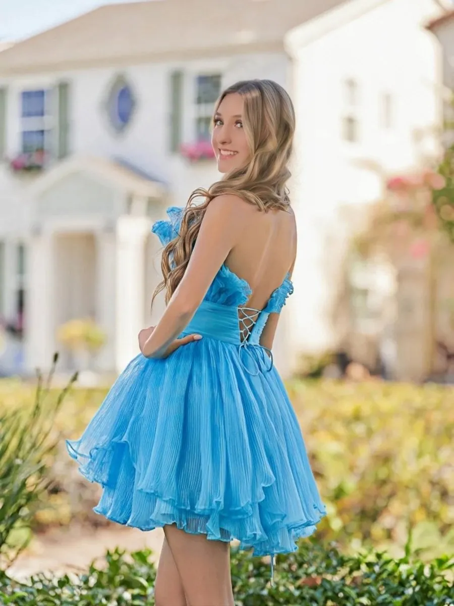 Blue A-Line Strapless Pleated Short Tiered Homecoming Dress sold by KissProm product image thumbnail 3