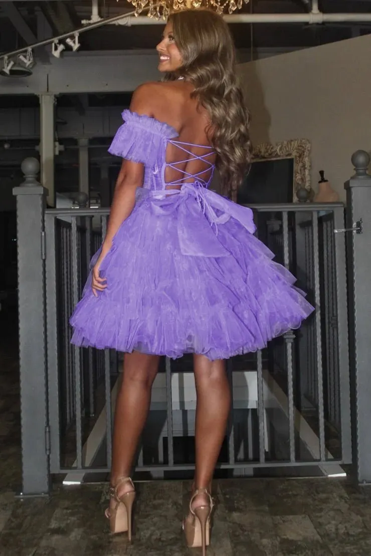 Lavender Off-the-Shoulder Lace-Up Ruffle Tiered Homecoming Dress sold by KissProm product image thumbnail 4