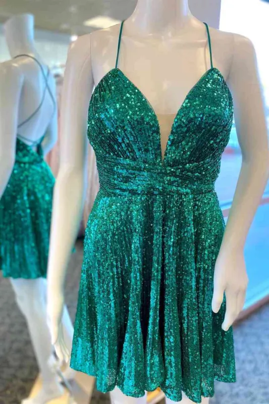 A-Line Tie Back Emerald Green Sequins Short Homecoming Dress made by KissProm