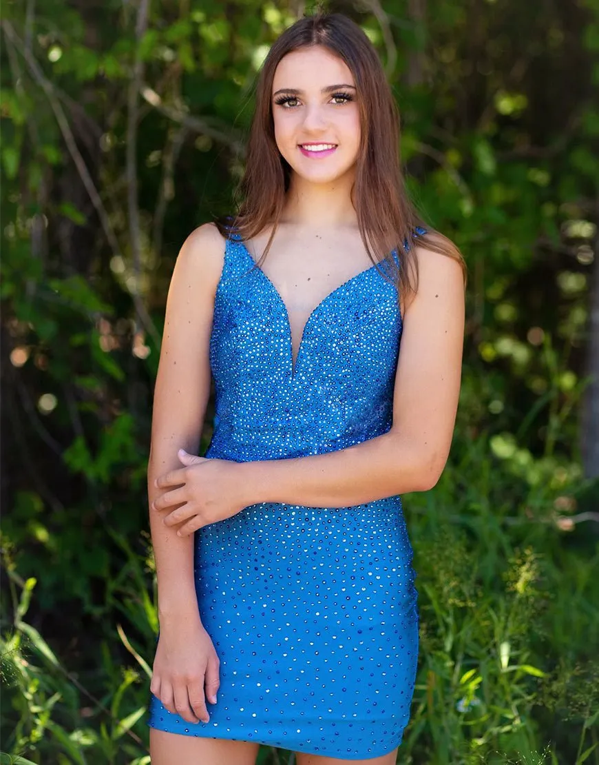 Sheath Blue Beaded Satin Plunging Short Homecoming Dress sold by KissProm product image thumbnail 5