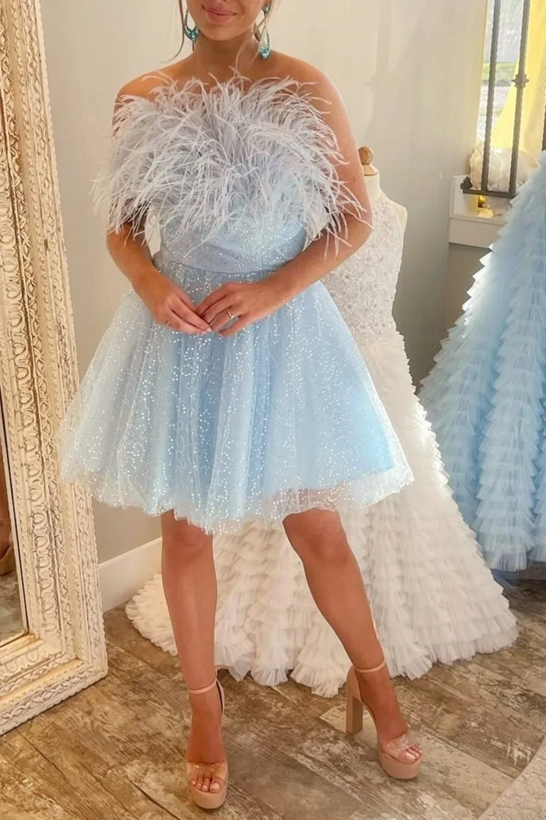 A-Line Black Sequin Feather Short Party Dress sold by KissProm product image thumbnail 3