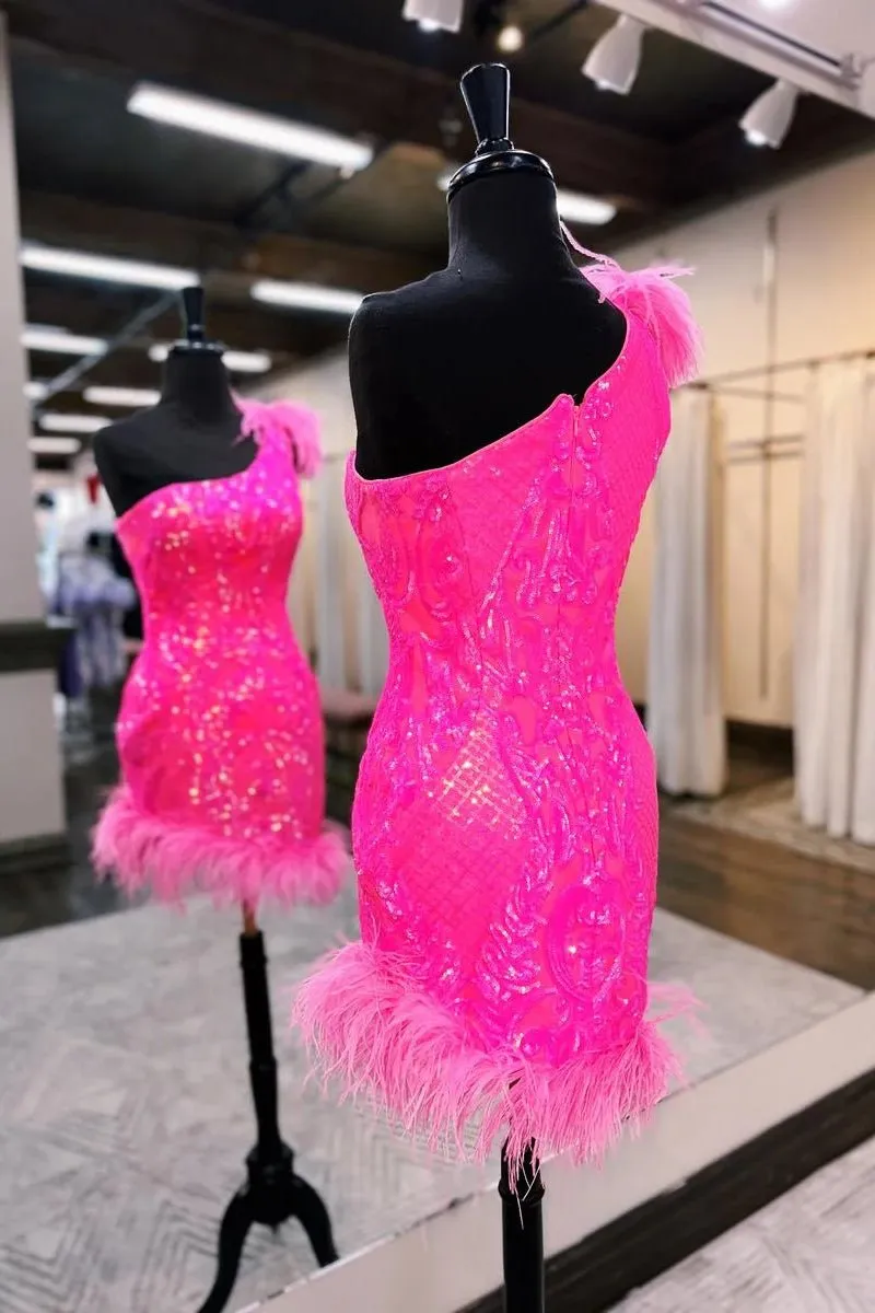 Unique Bodycon One Shoulder Hot Pink Sequins Lace Short Homecoming Dresses with Feather sold by KissProm product image thumbnail 2