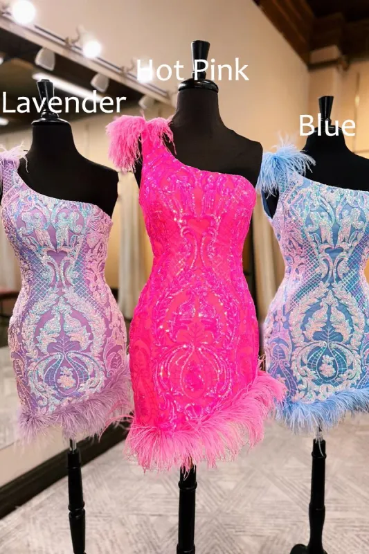 Unique Bodycon One Shoulder Hot Pink Sequins Lace Short Homecoming Dresses with Feather made by KissProm