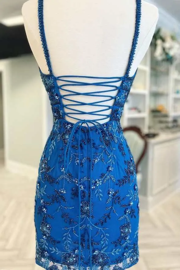 Blue Floral Lace Beaded Lace-Up Back Cocktail Dress sold by KissProm product image thumbnail 3