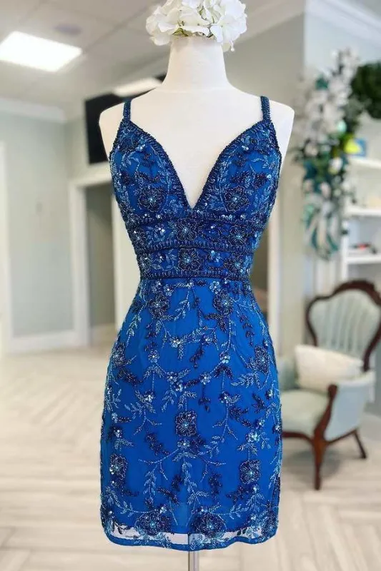 Blue Floral Lace Beaded Lace-Up Back Cocktail Dress made by KissProm