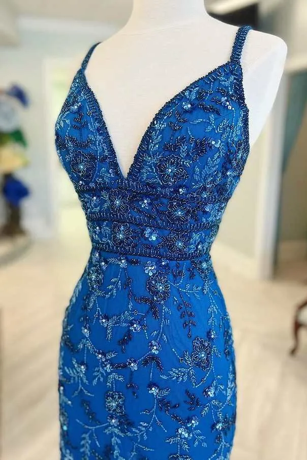 Blue Floral Lace Beaded Lace-Up Back Cocktail Dress sold by KissProm product image thumbnail 2