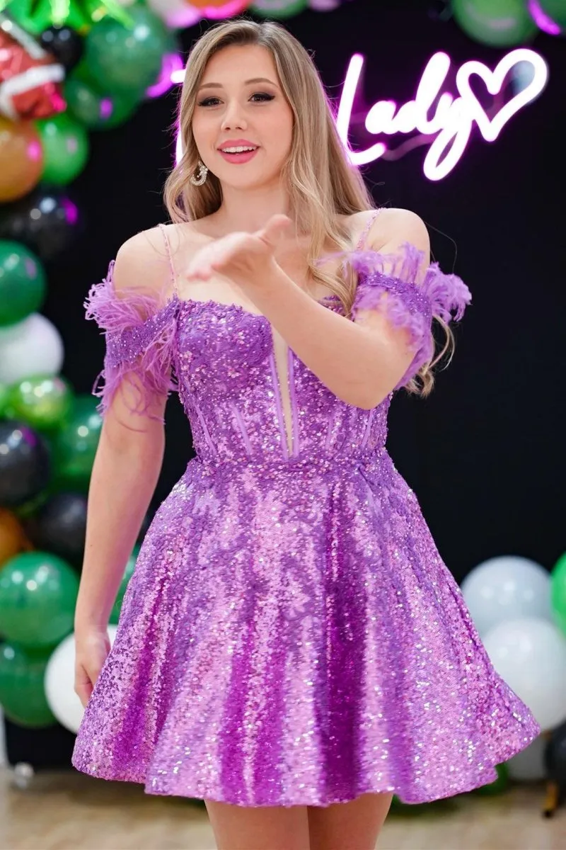 Purple Sequin Feather Cold-Shoulder A-Line Short Dress sold by KissProm product image thumbnail 4