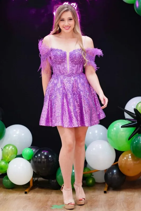 Purple Sequin Feather Cold-Shoulder A-Line Short Dress made by KissProm