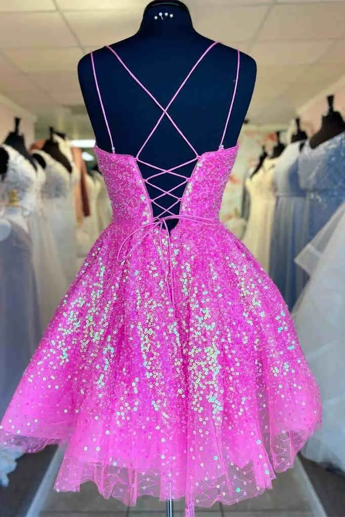 Hot Pink Sequins A-Line Homecoming Dress sold by KissProm product image thumbnail 2