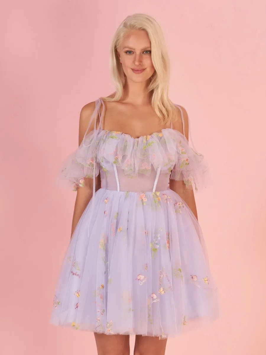 Lavender Off the Shoulder Corset Homecoming Dress with Ruffles sold by KissProm