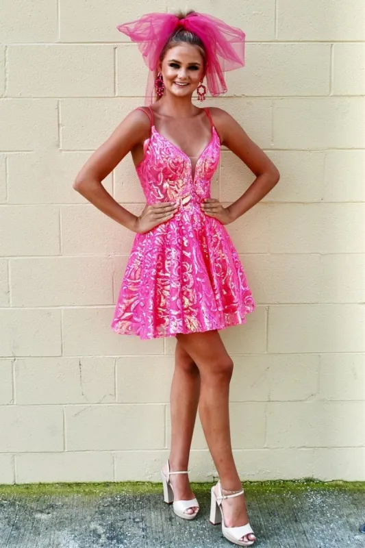 Sparkle Hot Pink Sequin Lace A-Line Short Homecoming Dress made by KissProm