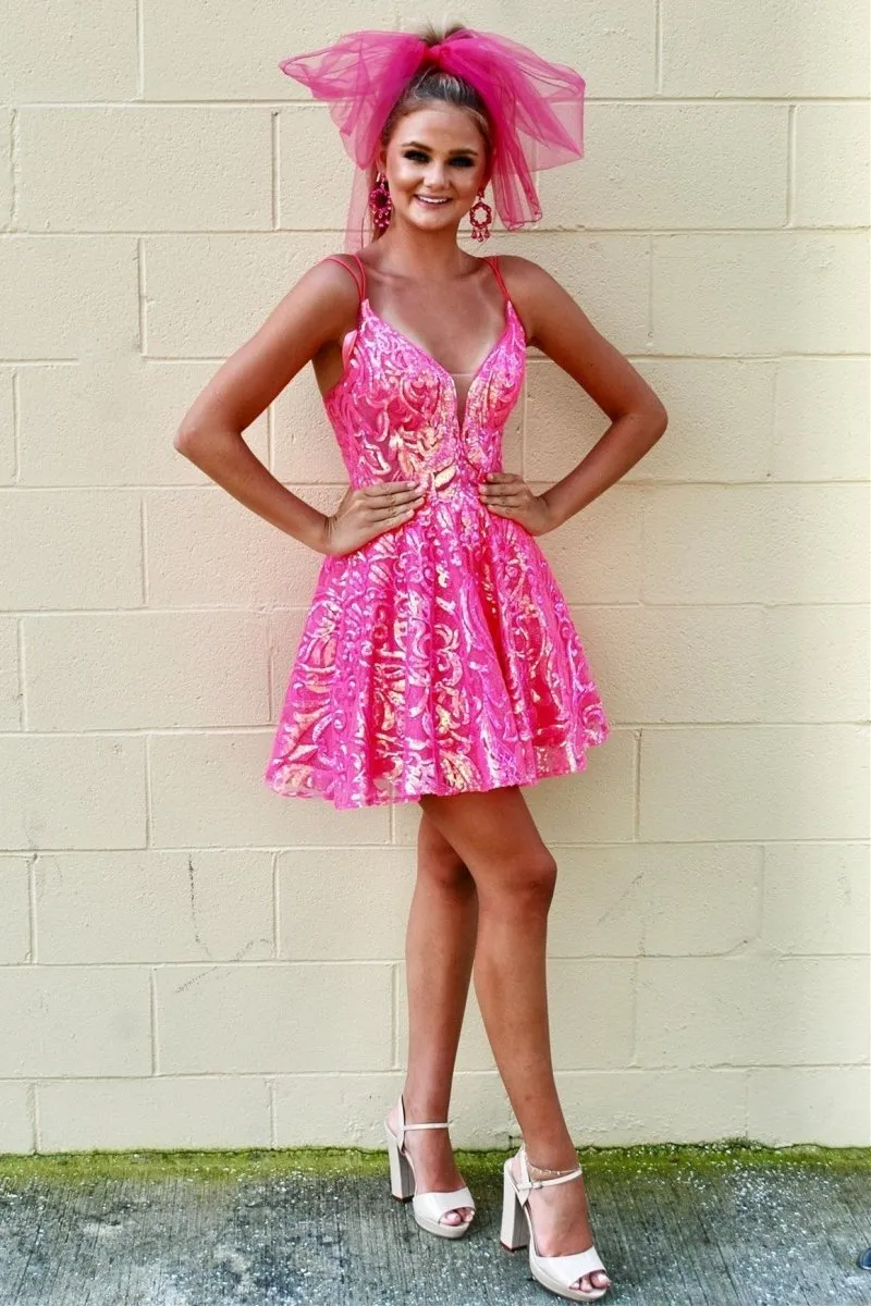 Sparkle Hot Pink Sequin Lace A-Line Short Homecoming Dress sold by KissProm