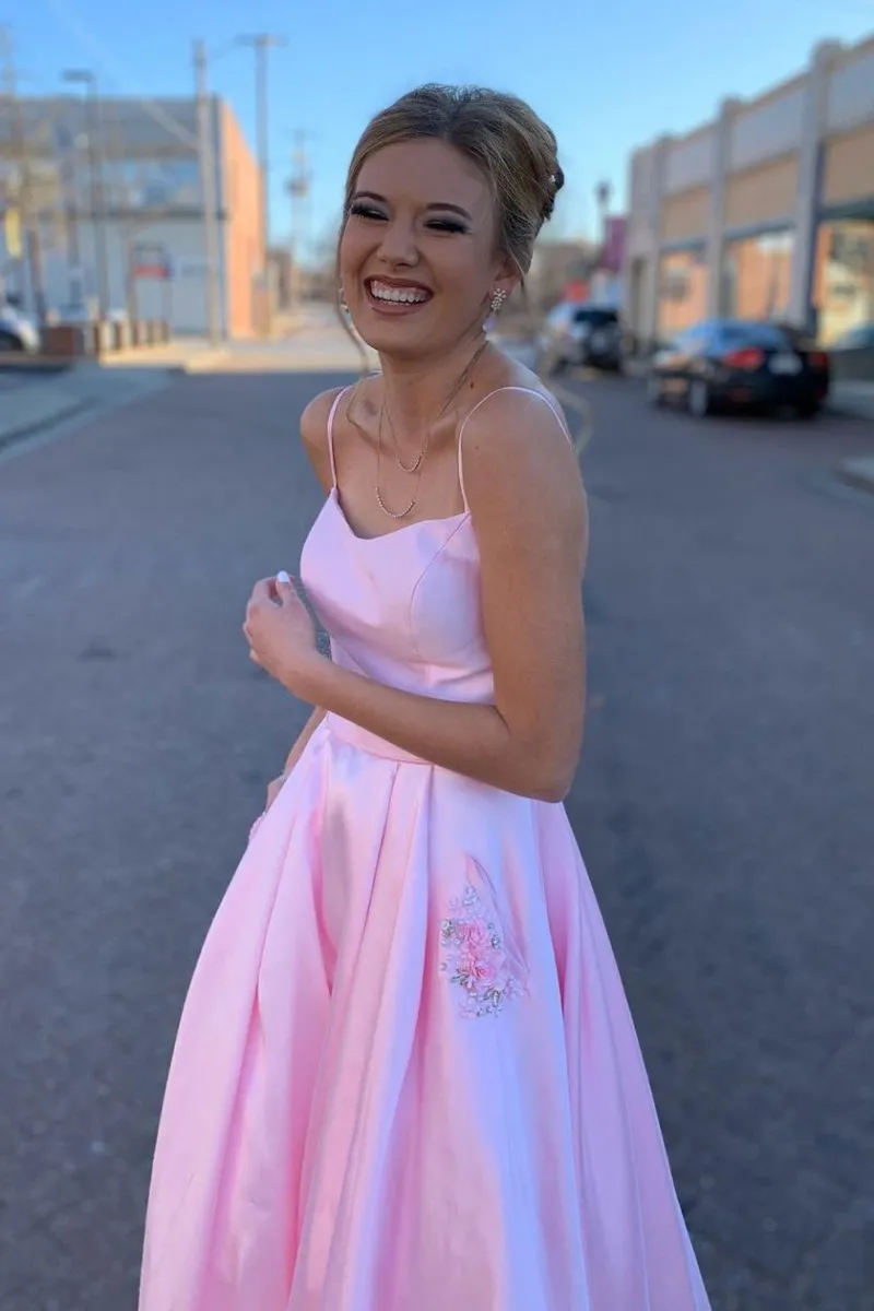 Elegant Straps A-Line Pink Long Prom Dress with Beaded Pockets sold by KissProm product image thumbnail 2