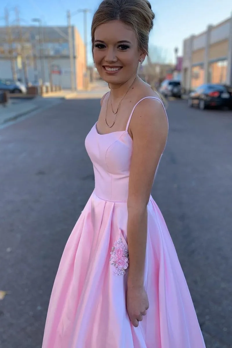 Elegant Straps A-Line Pink Long Prom Dress with Beaded Pockets sold by KissProm product image thumbnail 3