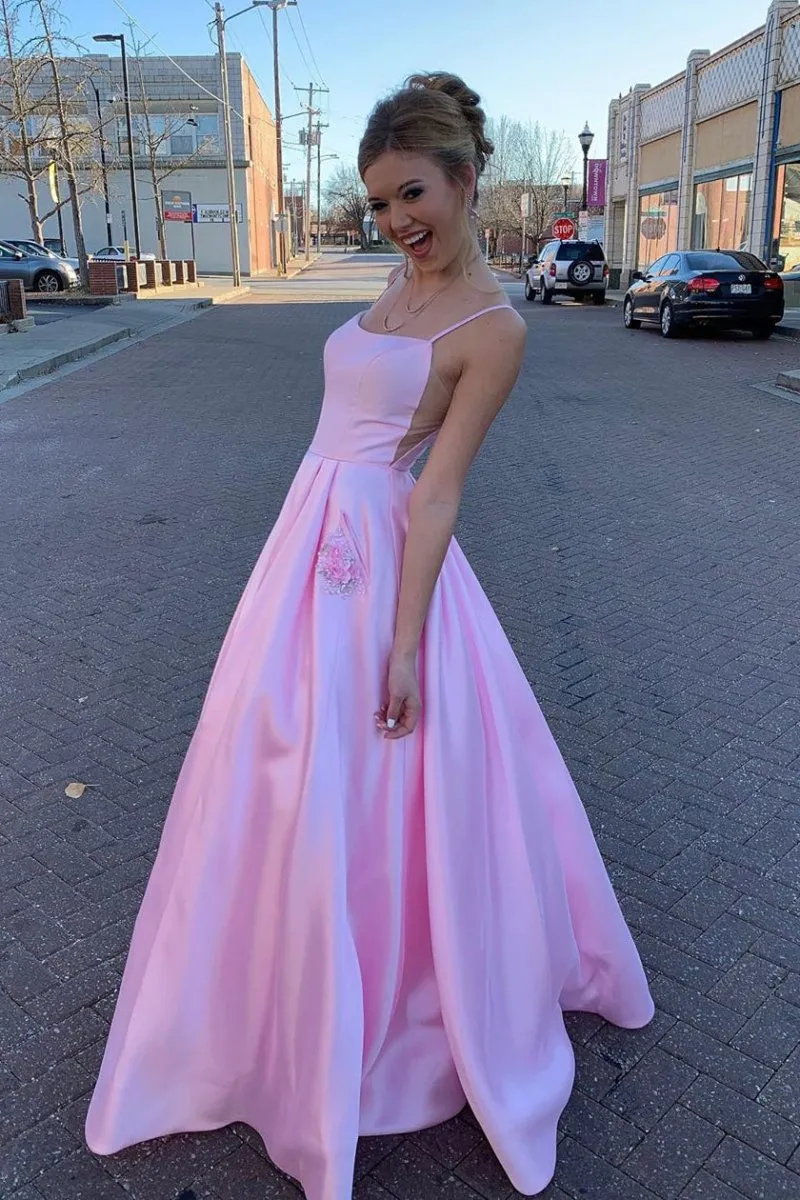Elegant Straps A-Line Pink Long Prom Dress with Beaded Pockets sold by KissProm