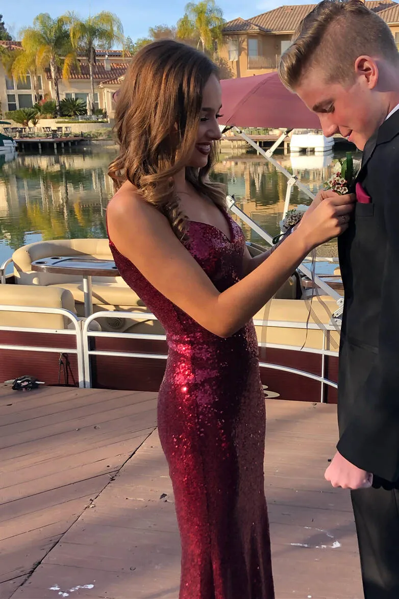 Glittery V-Neck Mermaid Long Burgundy Prom Dress sold by KissProm product image thumbnail 2