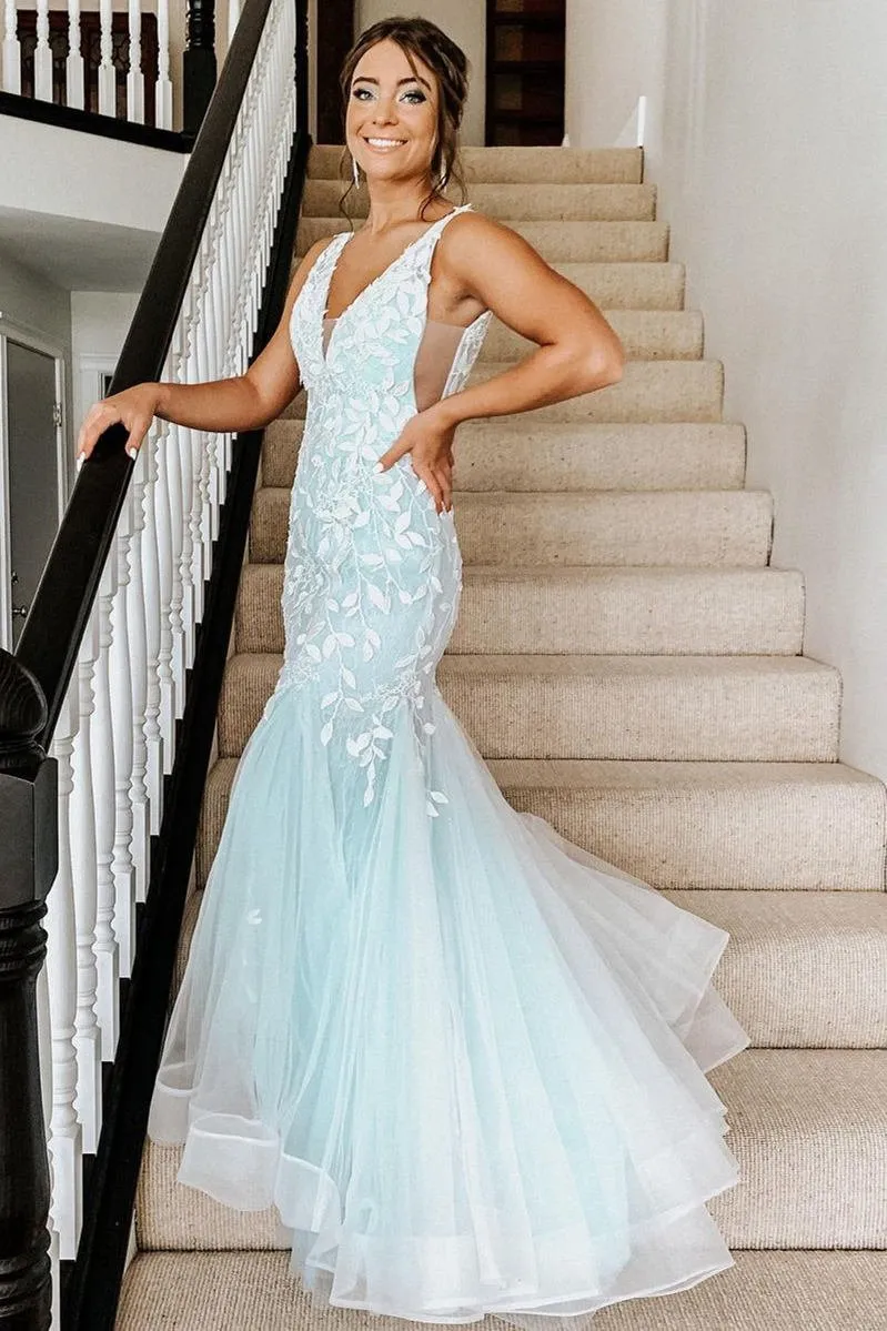 Trumpet V-Neck Mint Green Appliqued Porm Dress sold by KissProm