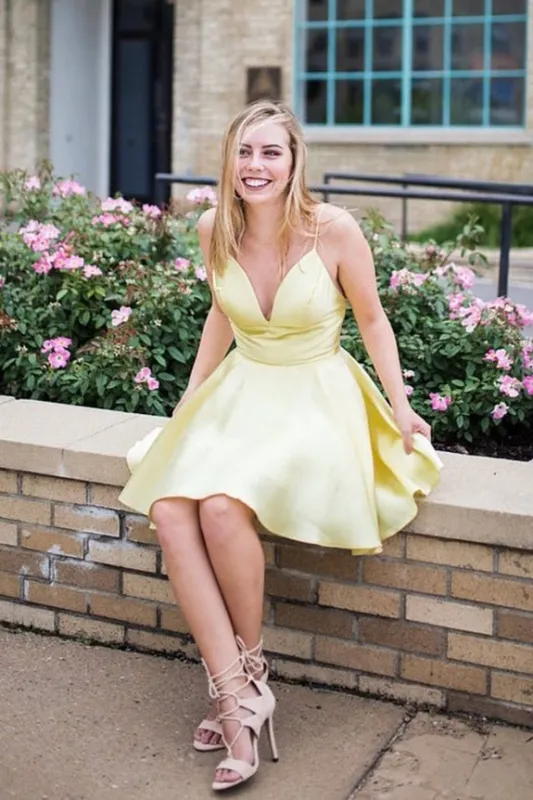 Spaghetti Straps Short Yellow Homecoming Dress made by KissProm