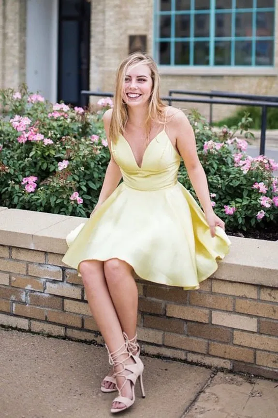 Spaghetti Straps Short Yellow Homecoming Dress sold by KissProm